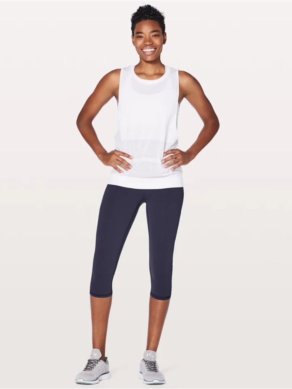 White Mesh Workout Tank with Navy Capri Leggings